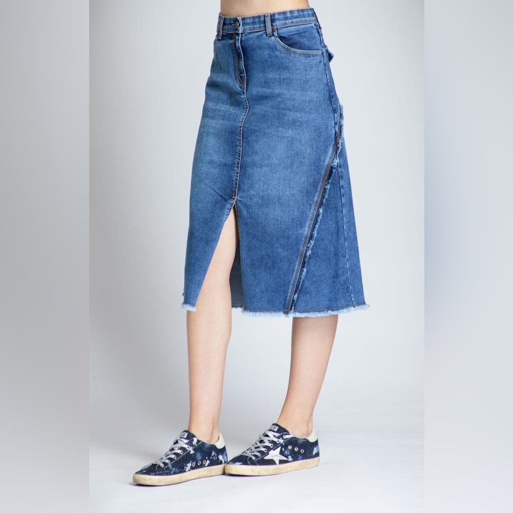 APNY • Fray Hem A-Line Denim Midi Pencil Skirt - Picture 3 of 15